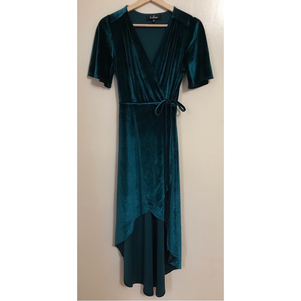 Lulu’s • S • Amour Teal Green Velvet High Low Wrap Dress Short Flutter Sleeve